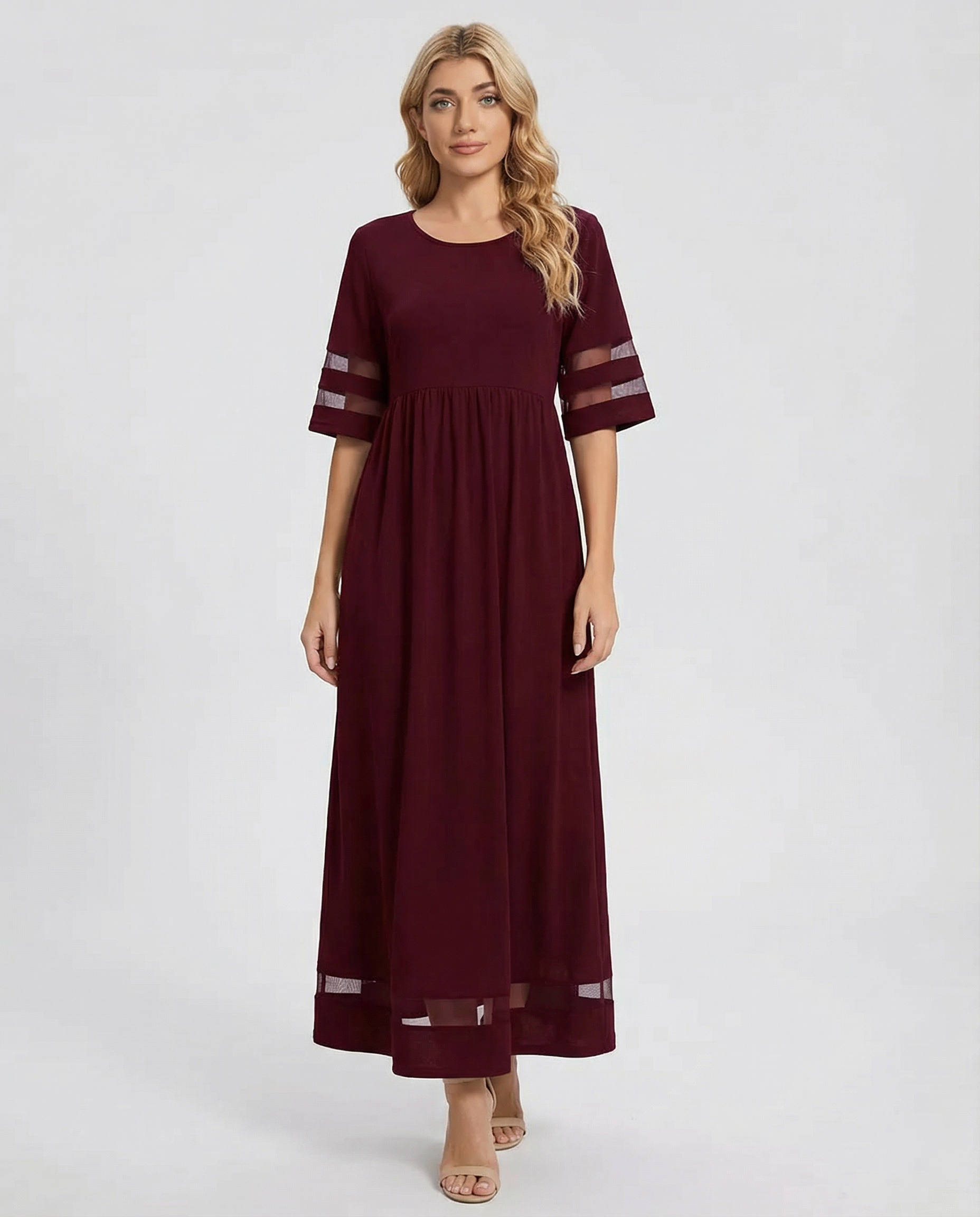 Women's Burgundy Maxi Dress - Mesh Panel Evening Gown