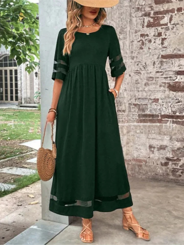Women's Burgundy Maxi Dress - Mesh Panel Evening Gown