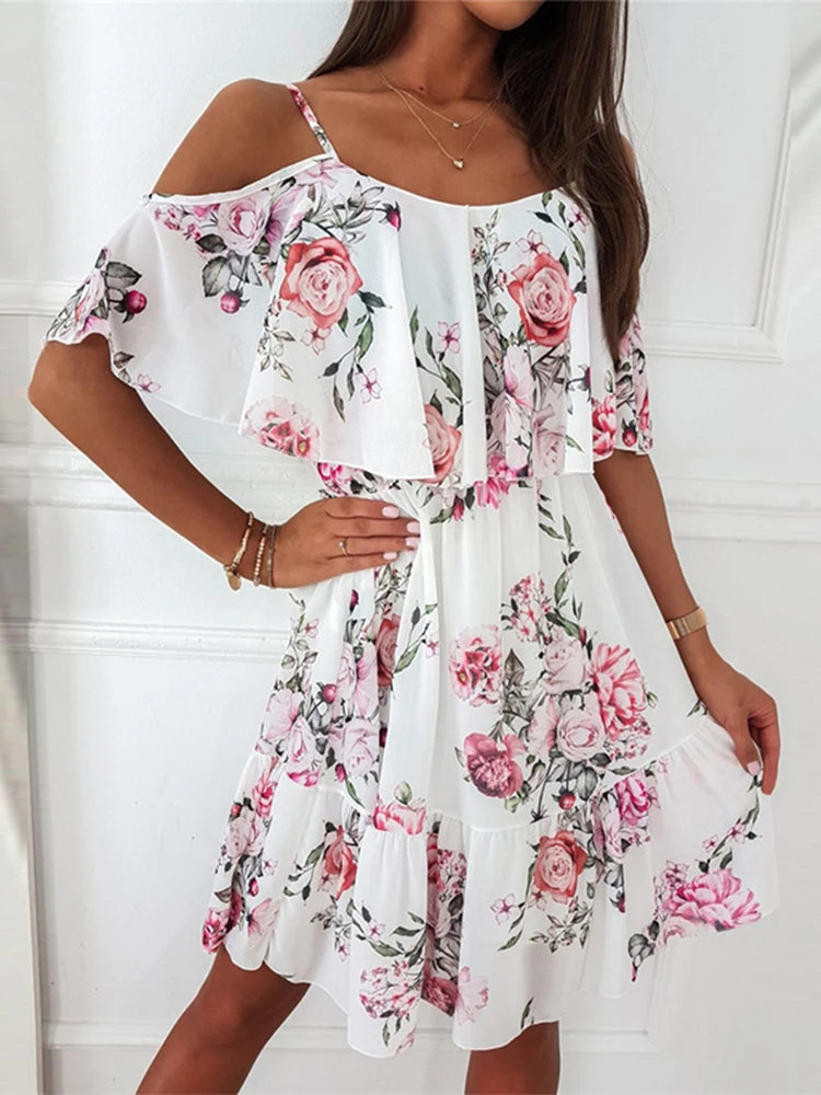 Women's Floral Chiffon Mini Dress Off-Shoulder Summer Style for Wedding Guests