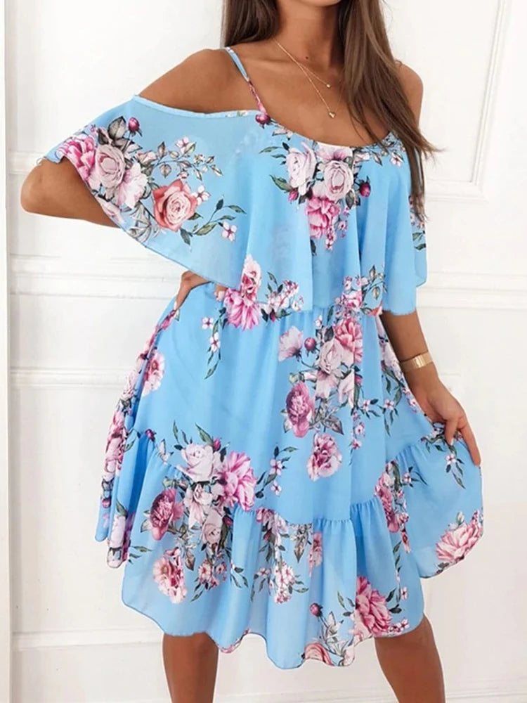 Women's Floral Chiffon Mini Dress Off-Shoulder Summer Style for Wedding Guests