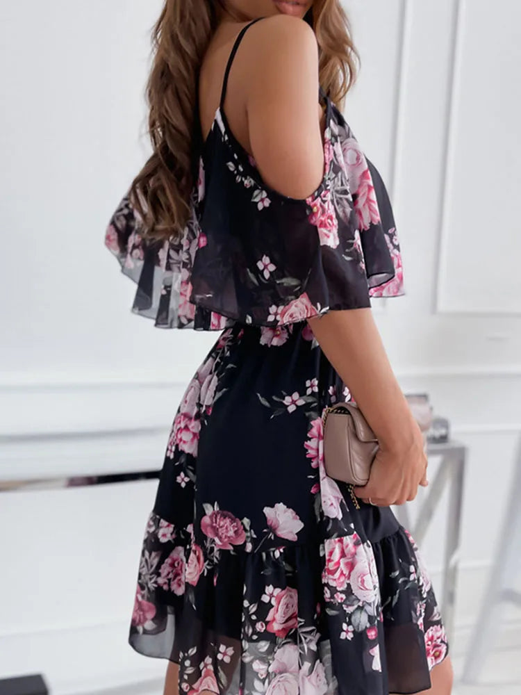 Women's Floral Chiffon Mini Dress Off-Shoulder Summer Style for Wedding Guests