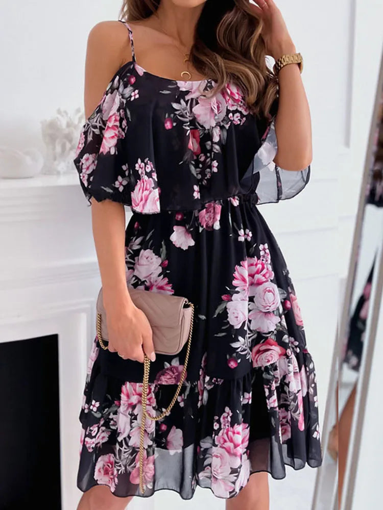 Women's Floral Chiffon Mini Dress Off-Shoulder Summer Style for Wedding Guests