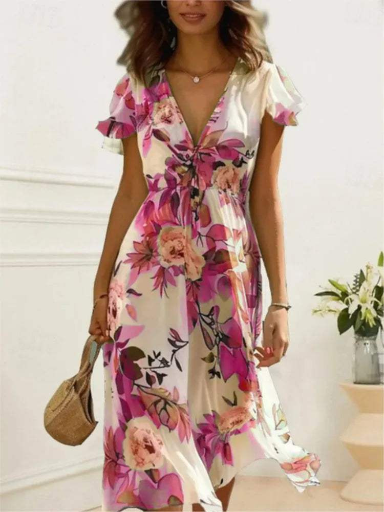 Women's Floral Print Midi Dress Chic Lace-Up Deep V Neck Summer Style