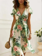 Women's Floral Print Midi Dress Chic Lace-Up Deep V Neck Summer Style