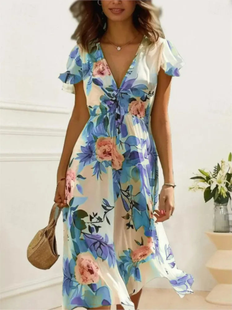Women's Floral Print Midi Dress Chic Lace-Up Deep V Neck Summer Style