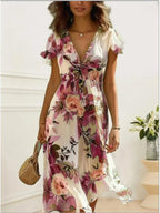 Women's Floral Print Midi Dress Chic Lace-Up Deep V Neck Summer Style