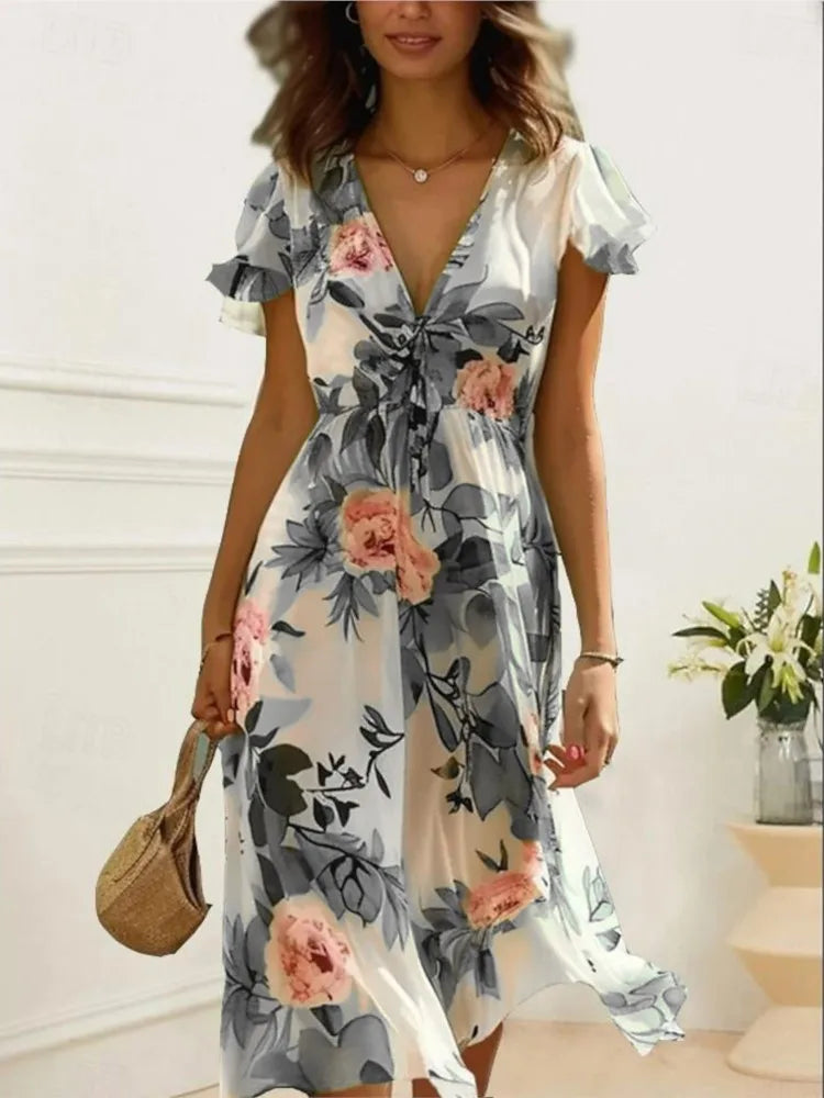 Women's Floral Print Midi Dress Chic Lace-Up Deep V Neck Summer Style