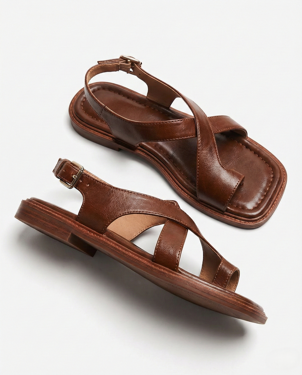 Women's Strappy Sandals - Buckled Leather Flat Slides