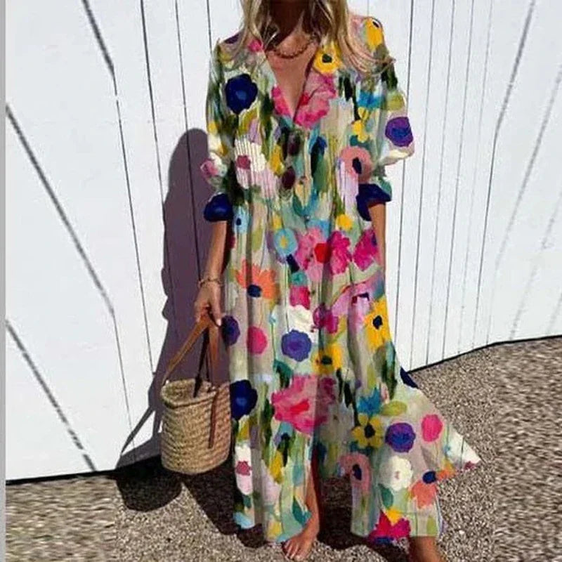 Women's Floral Painted Maxi Dress - Vintage Puff Sleeve A-Line