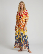 Women's Floral Painted Maxi Dress - Vintage Puff Sleeve A-Line