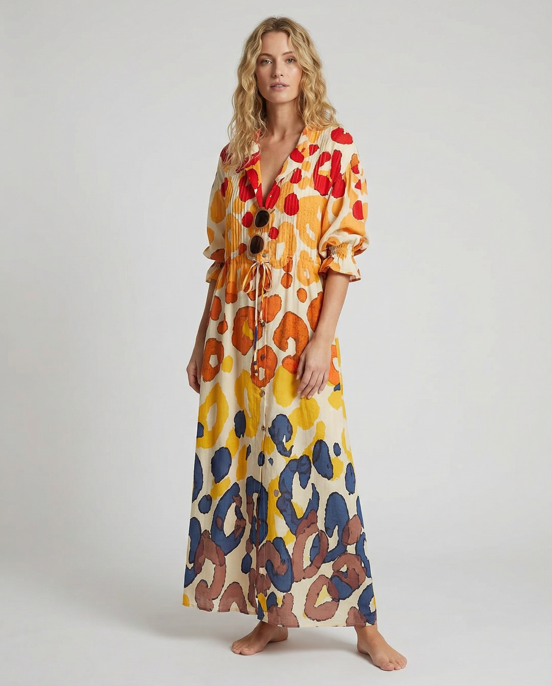 Women's Floral Painted Maxi Dress - Vintage Puff Sleeve A-Line