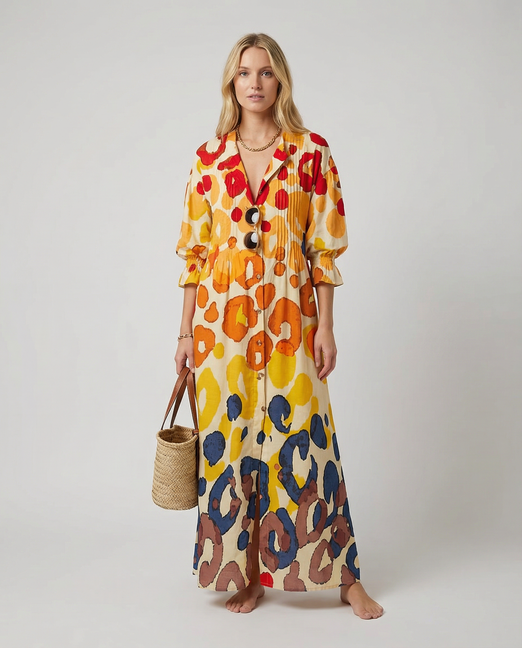Women's Floral Painted Maxi Dress - Vintage Puff Sleeve A-Line