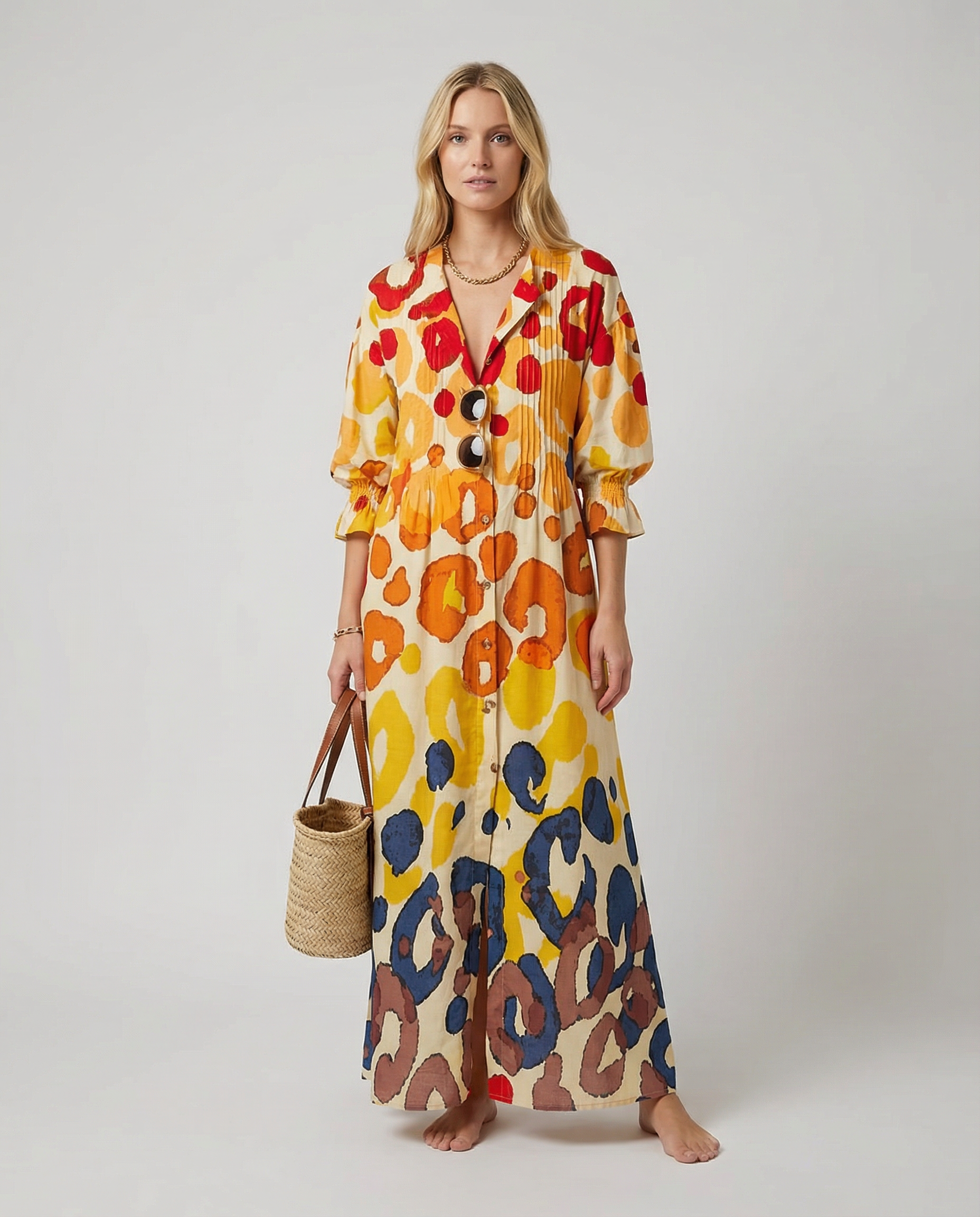 Women's Floral Painted Maxi Dress - Vintage Puff Sleeve A-Line