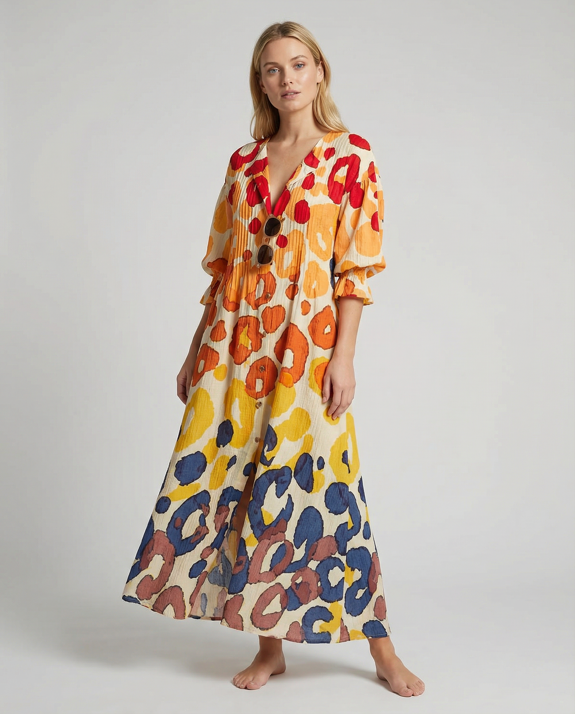Women's Floral Painted Maxi Dress - Vintage Puff Sleeve A-Line