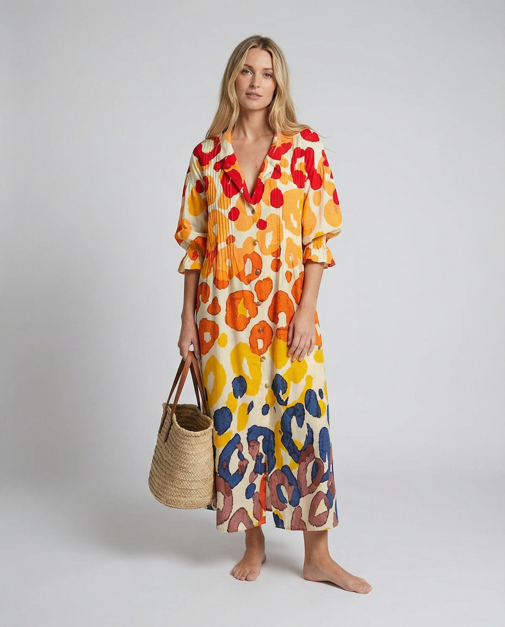 Women's Floral Painted Maxi Dress - Vintage Puff Sleeve A-Line