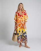 Women's Floral Painted Maxi Dress - Vintage Puff Sleeve A-Line