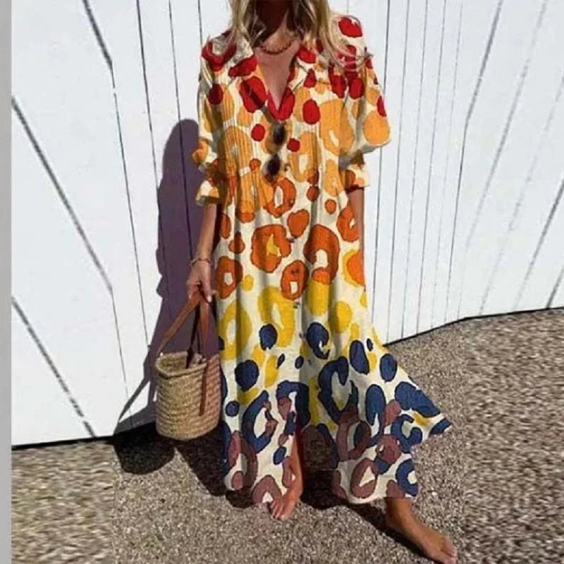 Women's Floral Painted Maxi Dress - Vintage Puff Sleeve A-Line