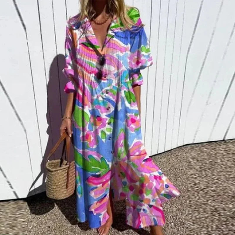 Women's Floral Painted Maxi Dress - Vintage Puff Sleeve A-Line