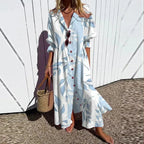 Women's Floral Painted Maxi Dress - Vintage Puff Sleeve A-Line