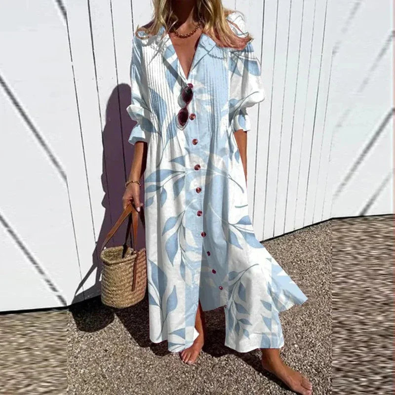 Women's Floral Painted Maxi Dress - Vintage Puff Sleeve A-Line