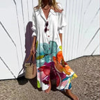 Women's Floral Painted Maxi Dress - Vintage Puff Sleeve A-Line