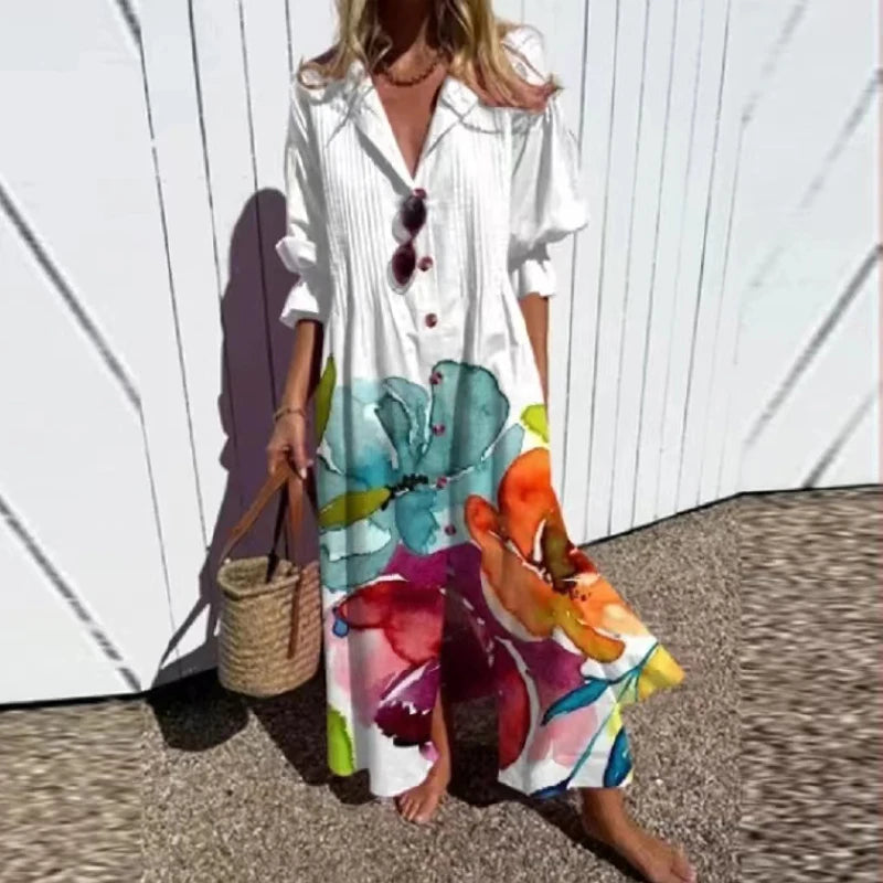 Women's Floral Painted Maxi Dress - Vintage Puff Sleeve A-Line