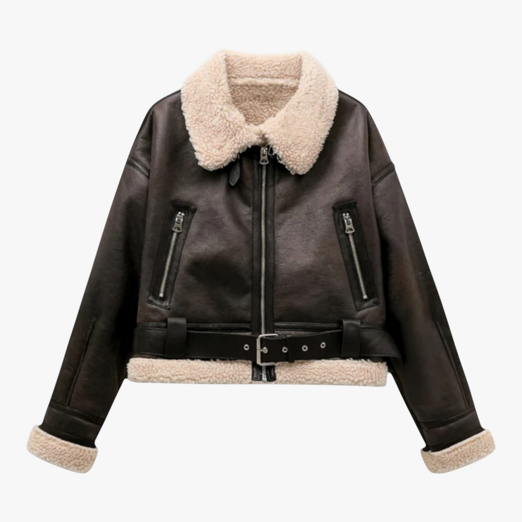 Women's Aviator Winter Jacket with Shearling Collar and Belted Hem