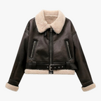Women's Aviator Winter Jacket with Shearling Collar and Belted Hem