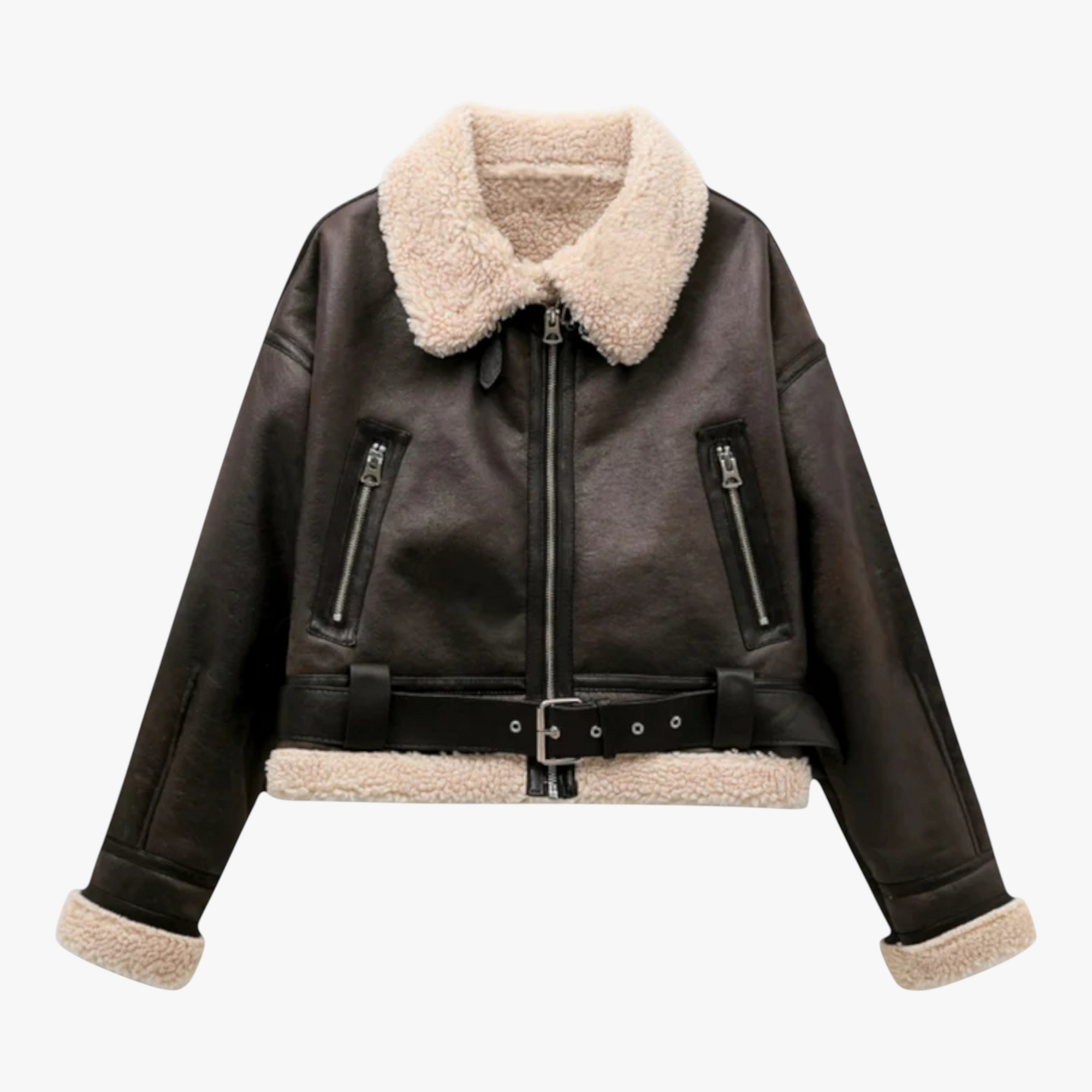 Women's Aviator Winter Jacket with Shearling Collar and Belted Hem