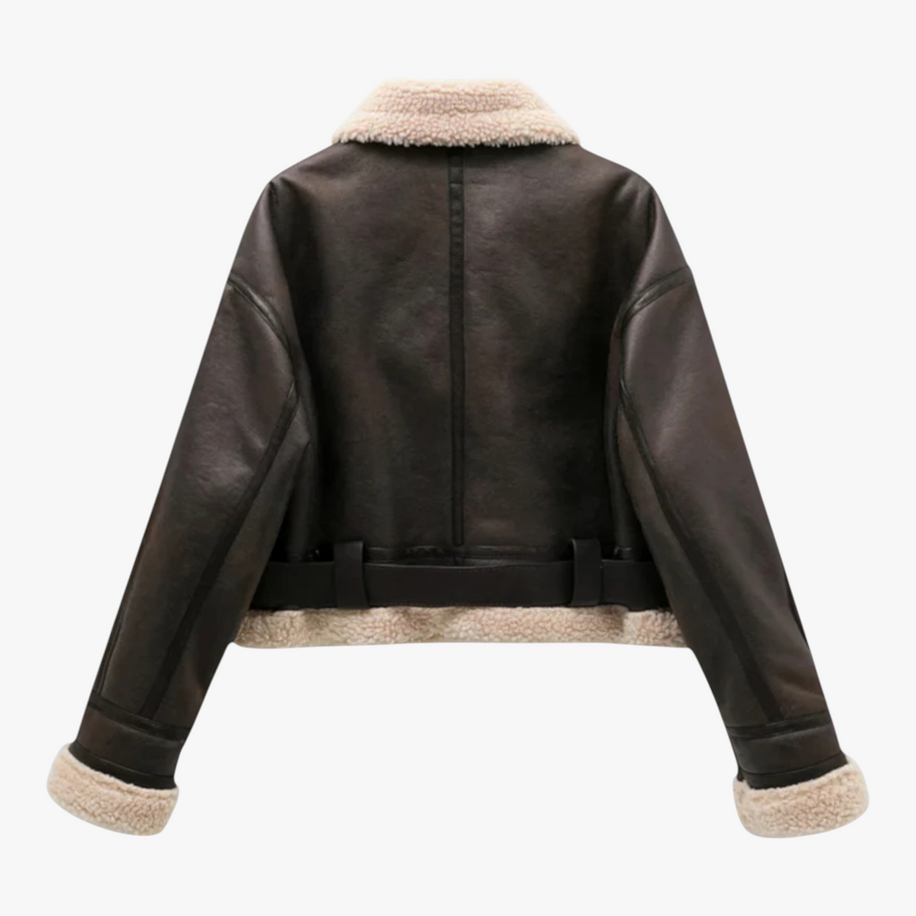 Women's Aviator Winter Jacket with Shearling Collar and Belted Hem