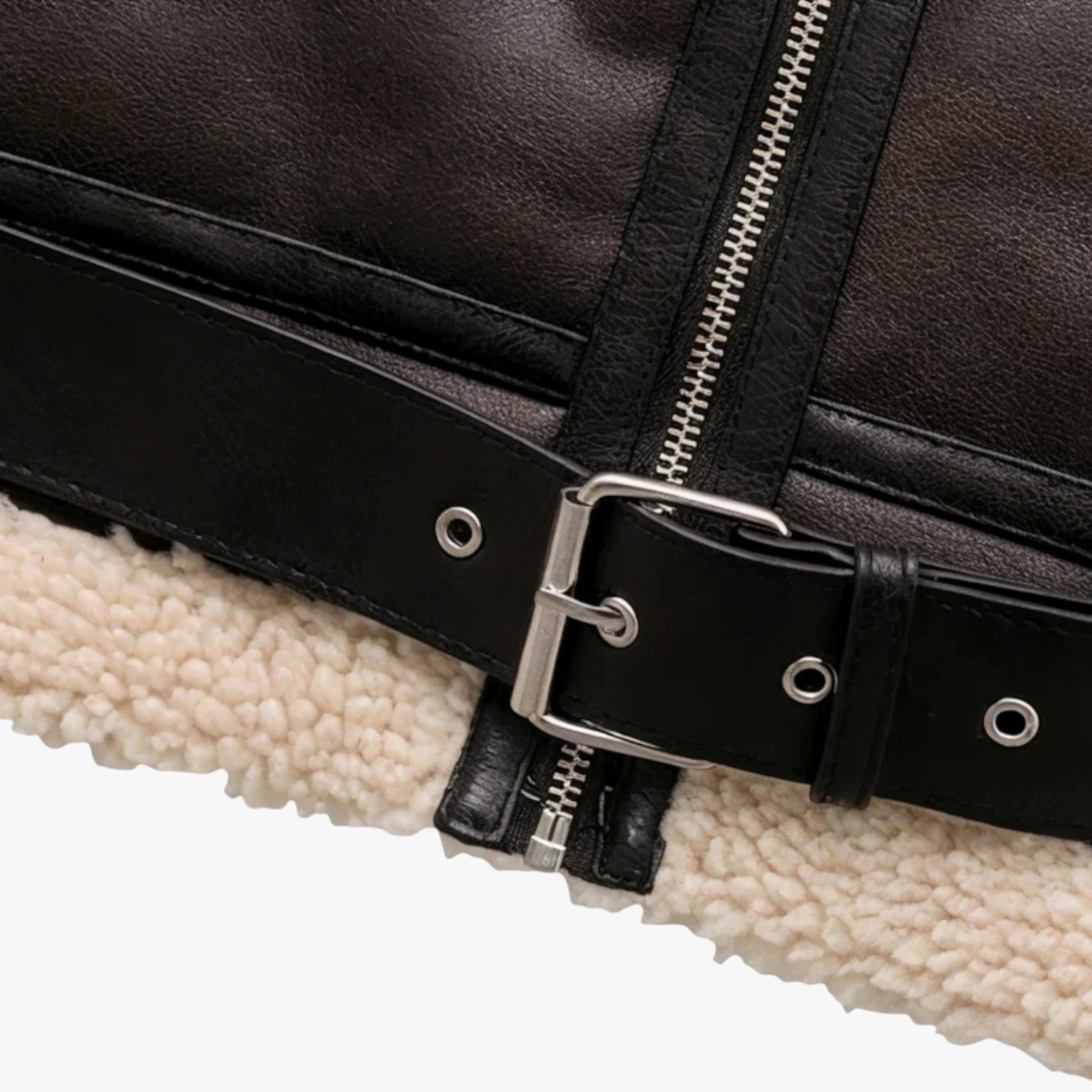 Women's Aviator Winter Jacket with Shearling Collar and Belted Hem
