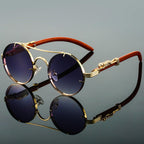 Men's Vintage Sunglasses - Round Gold Frame with Wood Temples