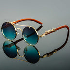 Men's Vintage Sunglasses - Round Gold Frame with Wood Temples