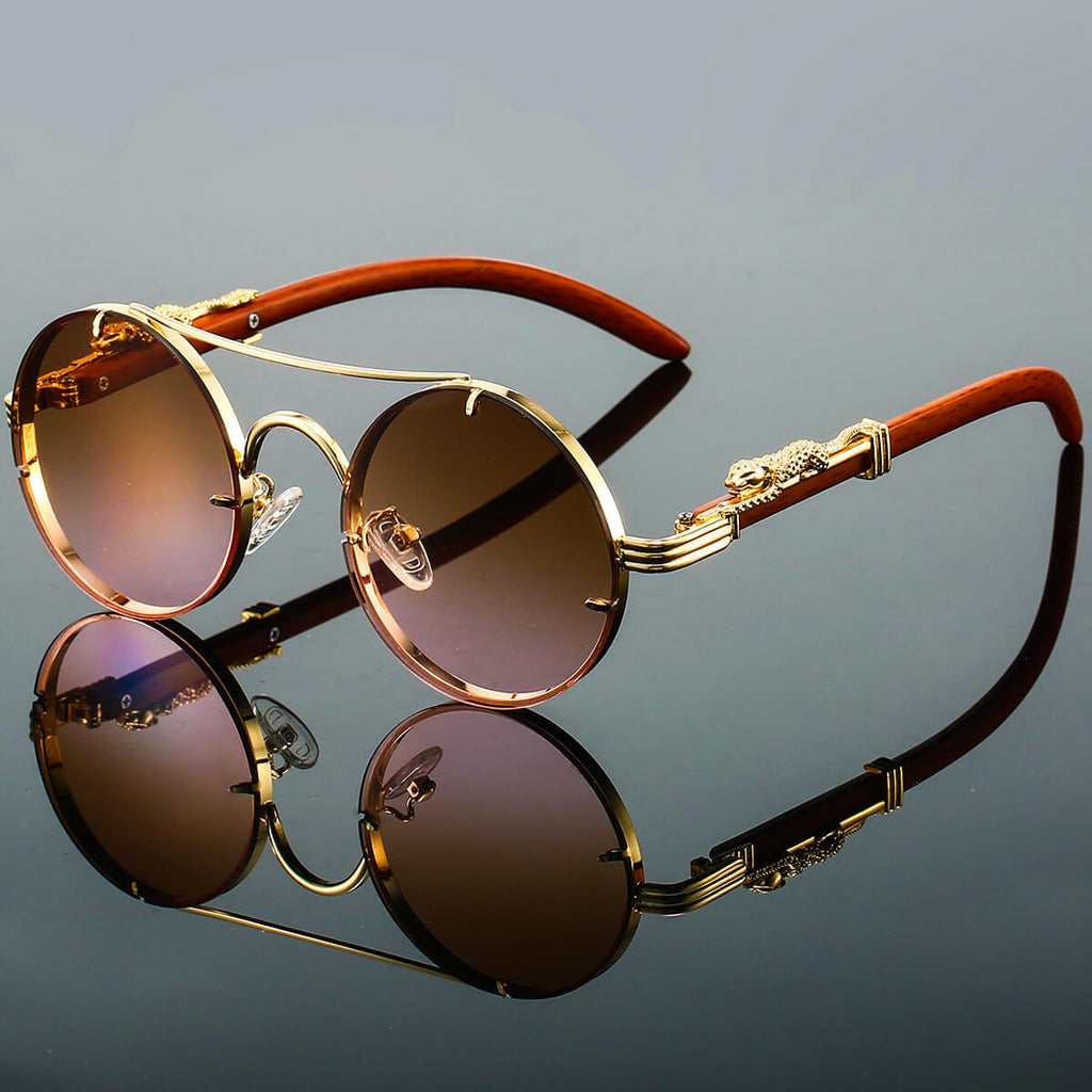 Men's Vintage Sunglasses - Round Gold Frame with Wood Temples