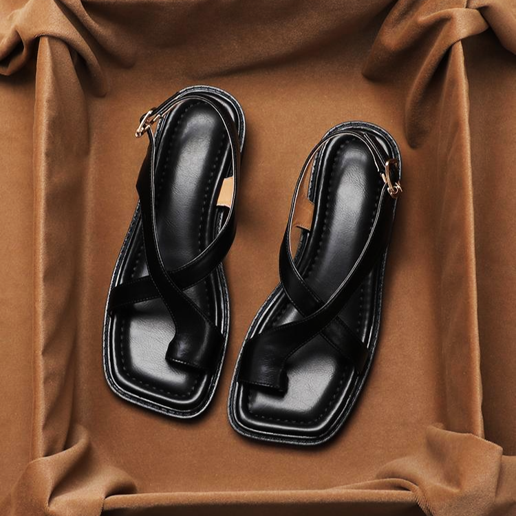 Women's Strappy Sandals - Buckled Leather Flat Slides
