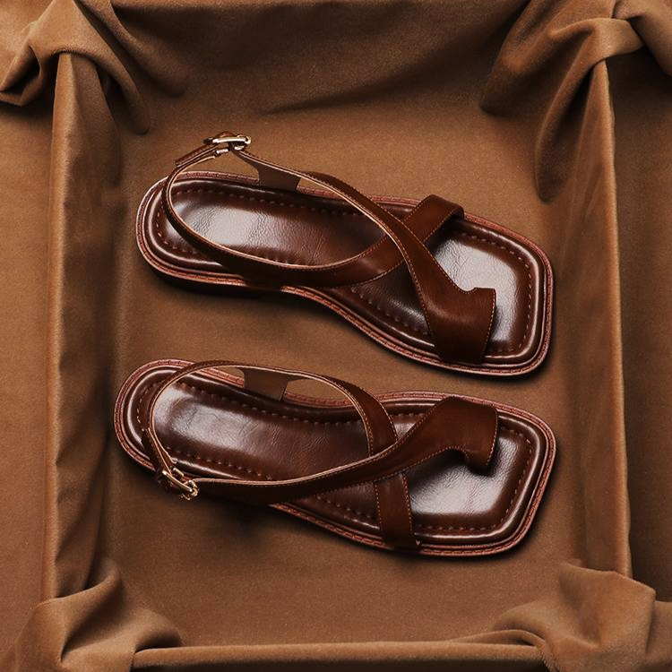 Women's Strappy Sandals - Buckled Leather Flat Slides