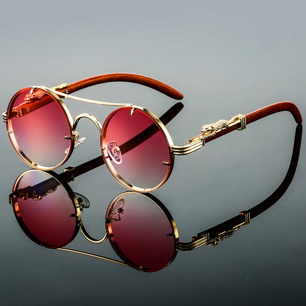 Men's Vintage Sunglasses - Round Gold Frame with Wood Temples