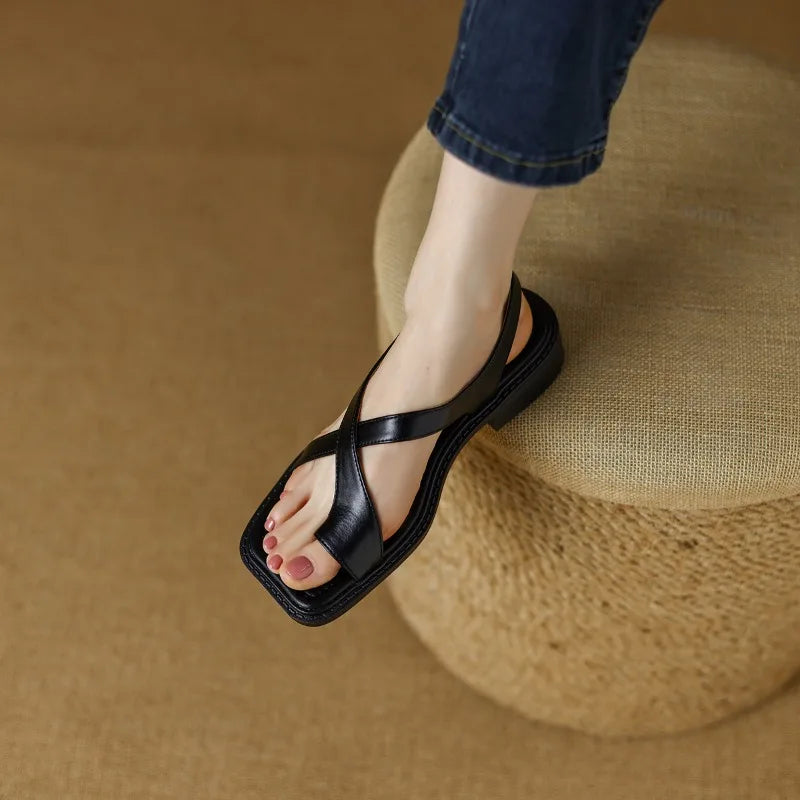 Women's Strappy Sandals - Buckled Leather Flat Slides