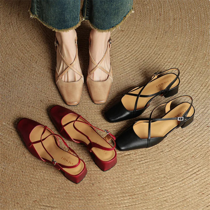 Women's Leather Heels - Closed Toe Strappy Pumps