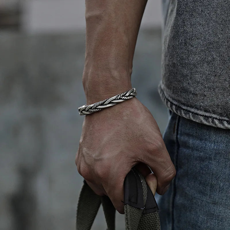 Men's Silver Cuff Bracelet - 925 Sterling Braided