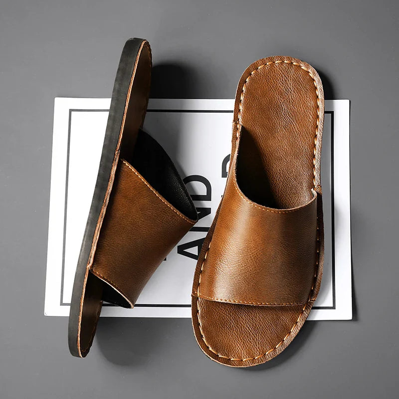 Women's Leather Slide Sandals - Flat Summer Mules