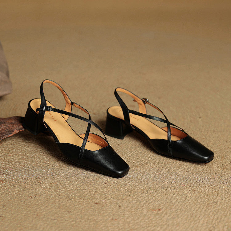 Women's Leather Heels - Closed Toe Strappy Pumps