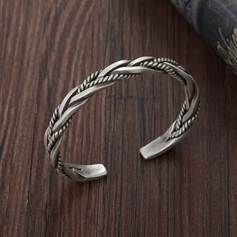 Men's Silver Cuff Bracelet - 925 Sterling Braided