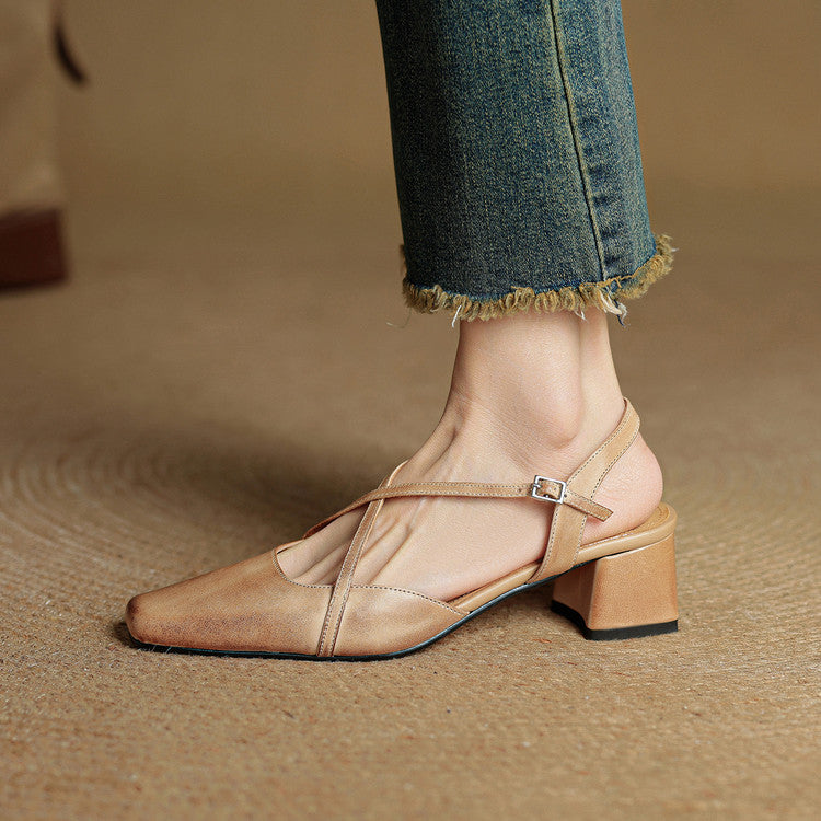 Women's Leather Heels - Closed Toe Strappy Pumps