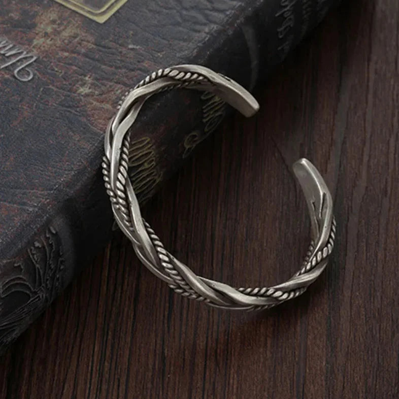 Men's Silver Cuff Bracelet - 925 Sterling Braided