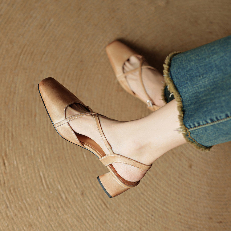 Women's Leather Heels - Closed Toe Strappy Pumps