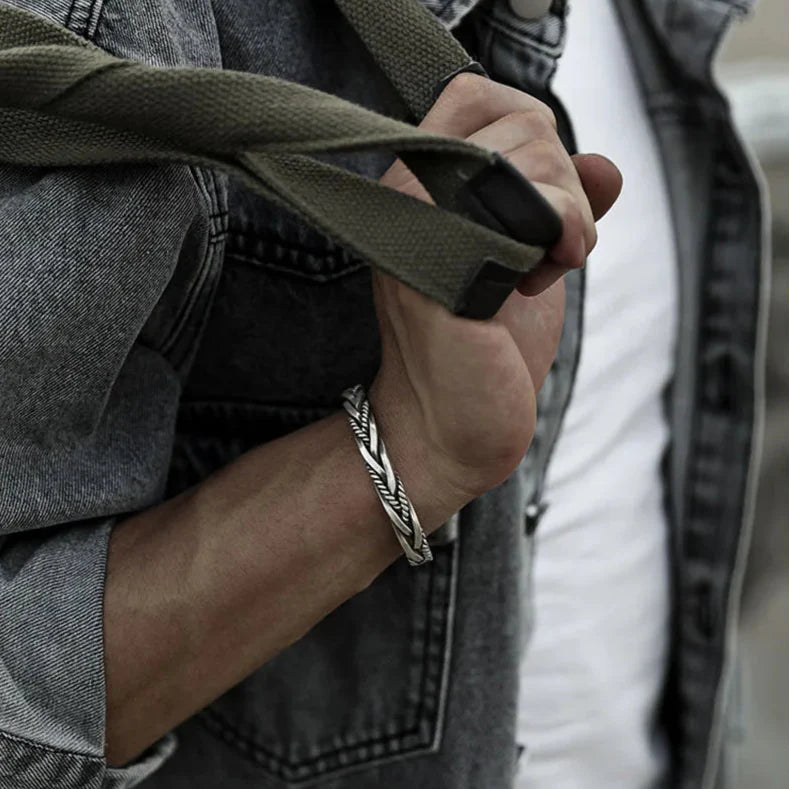 Men's Silver Cuff Bracelet - 925 Sterling Braided