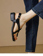 Women's Strappy Sandals - Buckled Leather Flat Slides