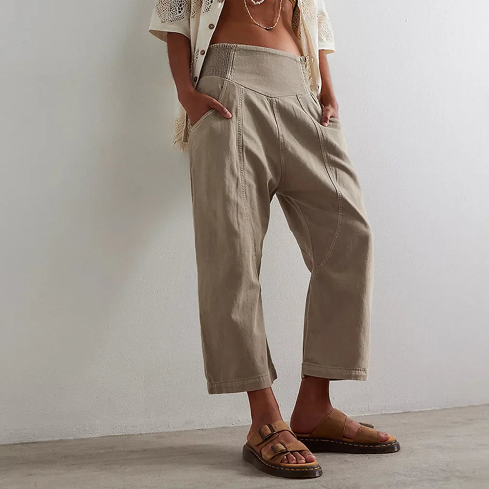 Women's Relaxed Linen Pants - Cropped Wide Leg Trousers