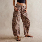 Women's Leopard Print Wide Leg Jeans - High Rise Denim
